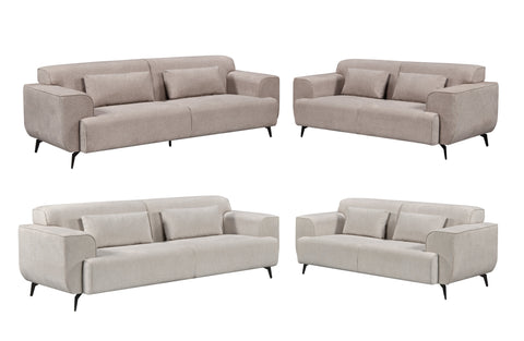 Maddox Lounge Set in Beige and Light Grey, featuring 3-seater and 2-seater fixed sofas with sleek black metal legs, soft-touch upholstery, and matching cushions.