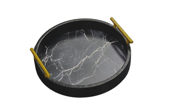 Large black round marble tray with gold handles and faux marble base, 40cm diameter.