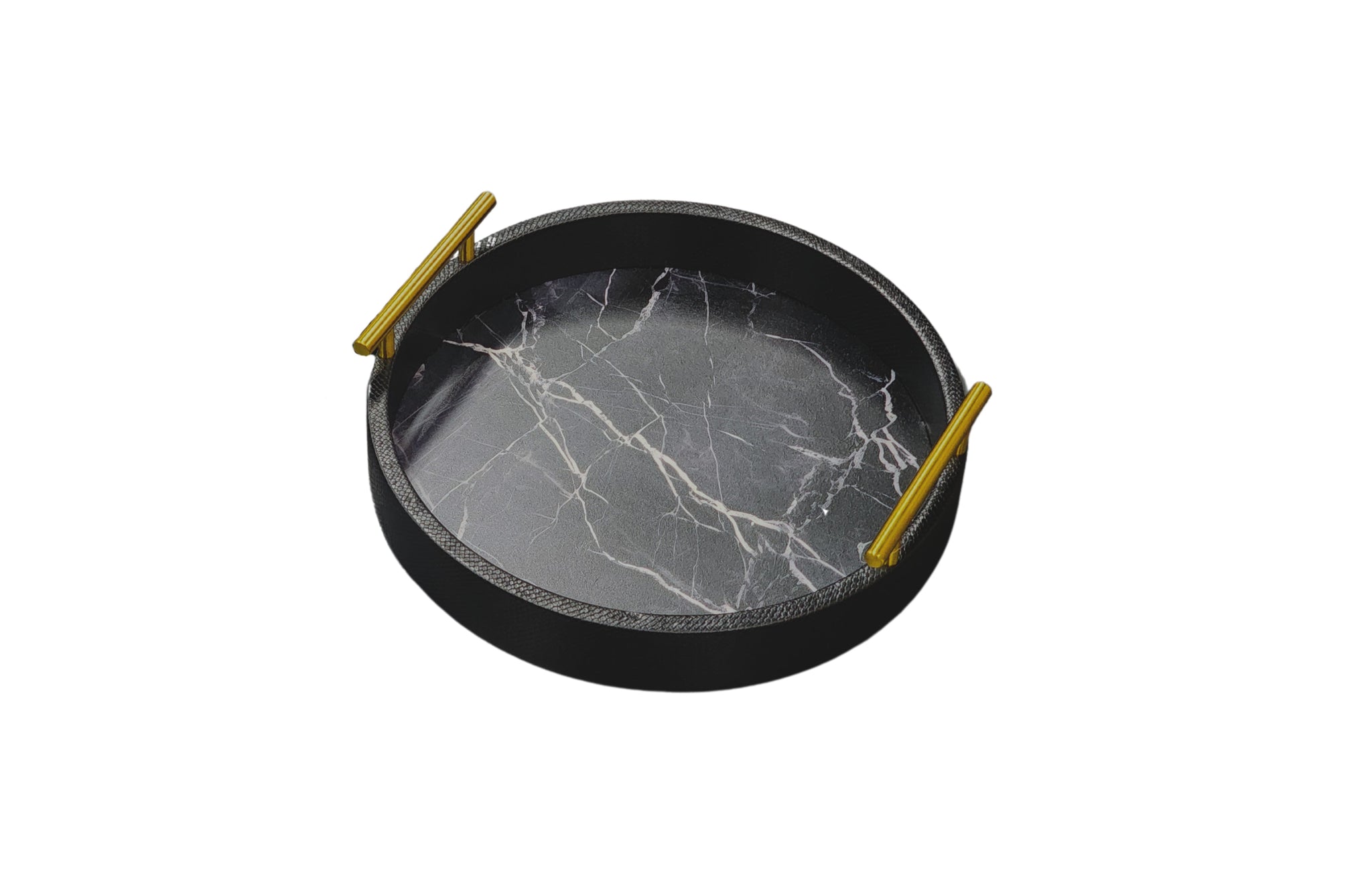 Small black round marble tray with gold handles and faux marble base, 35cm diameter.