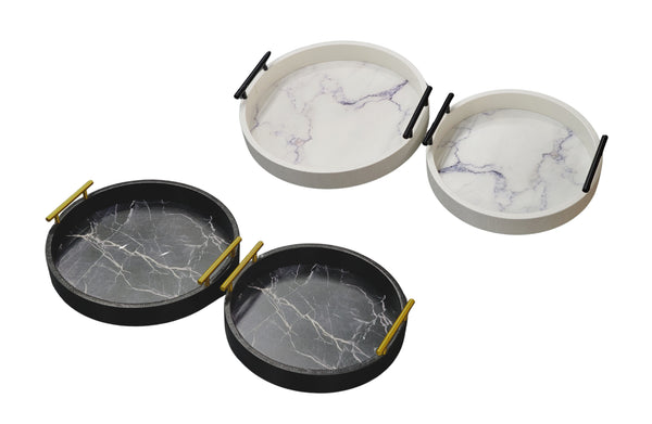 Maison round marble tray sets in black with gold handles and white with black handles, available in two sizes