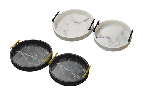 Maison round marble tray sets in black with gold handles and white with black handles, available in two sizes