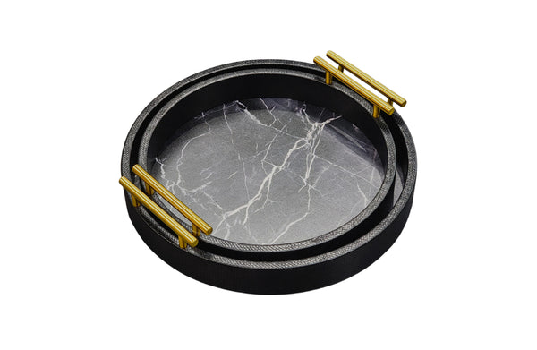 Stacked black round marble trays with gold handles, featuring faux marble base in medium and small sizes.