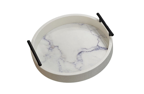 Large white round marble tray with black handles and faux marble base, 40cm diameter.