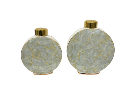 Set of two Marble Vases in gold and grey tones – round ceramic vases with glossy marble texture and gold caps, available in large and small sizes