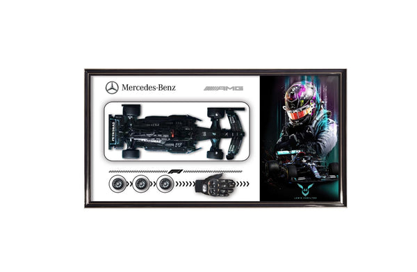 Mercedes Benz inspired brick built racing car wall art in black frame with detailed model display.