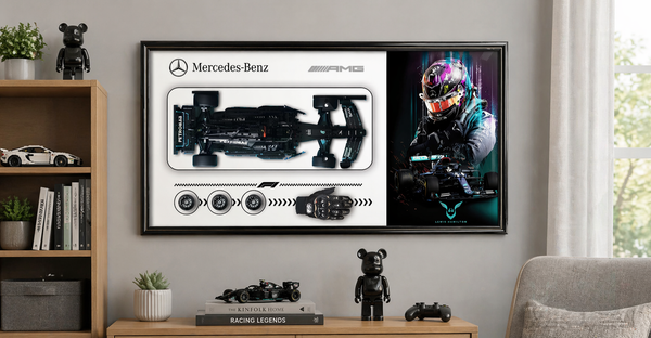 Framed Mercedes-Benz Formula 1 car diagram and driver image on a wall in a room with decor elements.