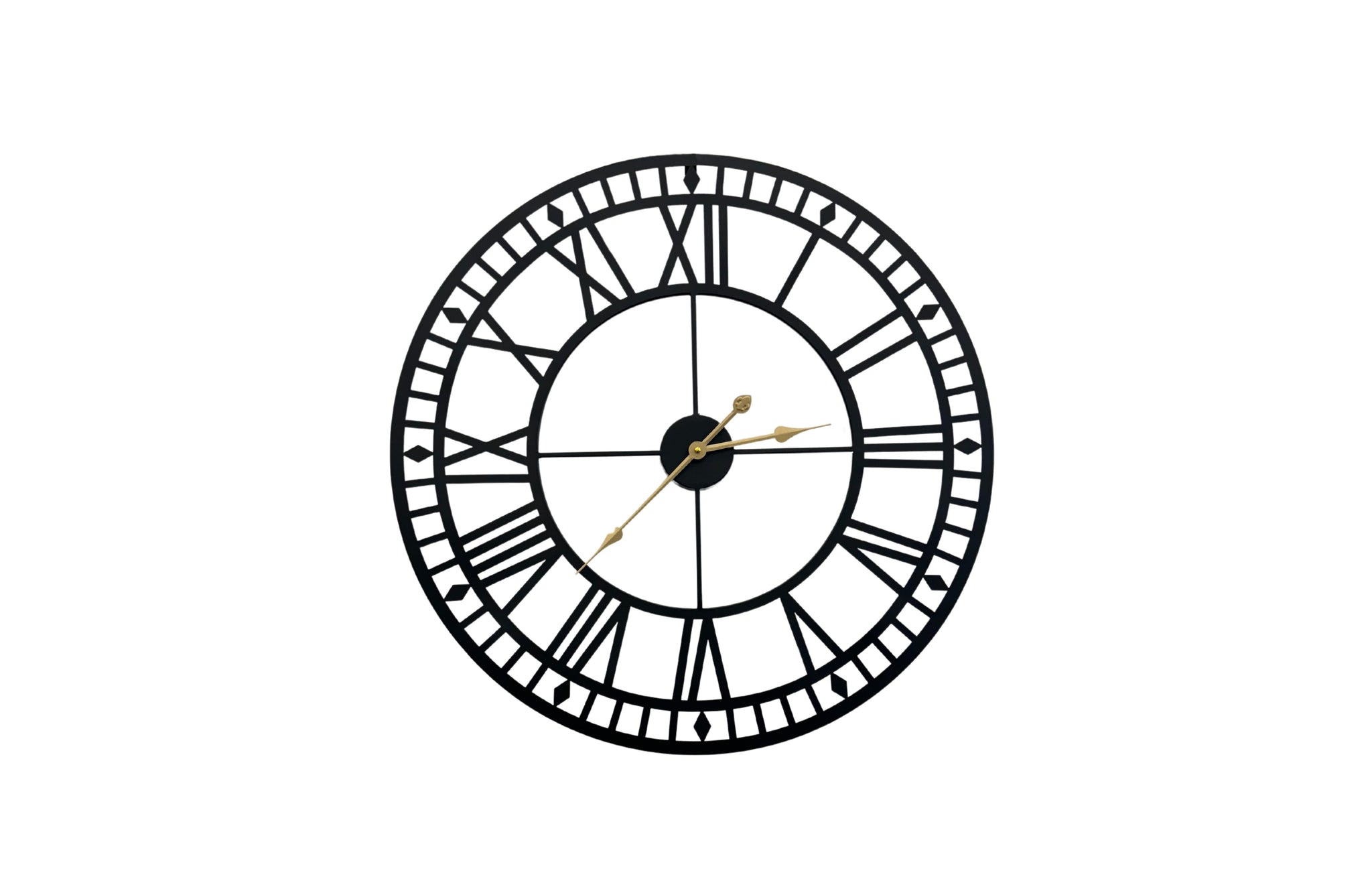 Large black plain metal wall clock with Roman numerals, sleek modern decorative timepiece.