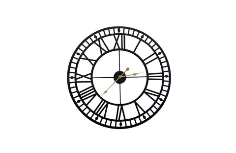 Large black plain metal wall clock with Roman numerals, sleek modern decorative timepiece.