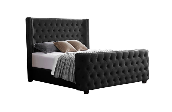 Milan Bed in Black Velvet with tall tufted headboard and matching end board, available in Queen and King size.