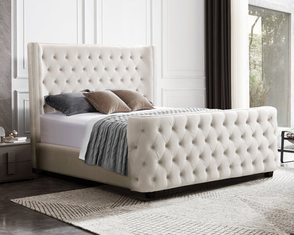 Milan Bed in Cream Velvet styled in a modern bedroom, highlighting tufted headboard and end board elegance.