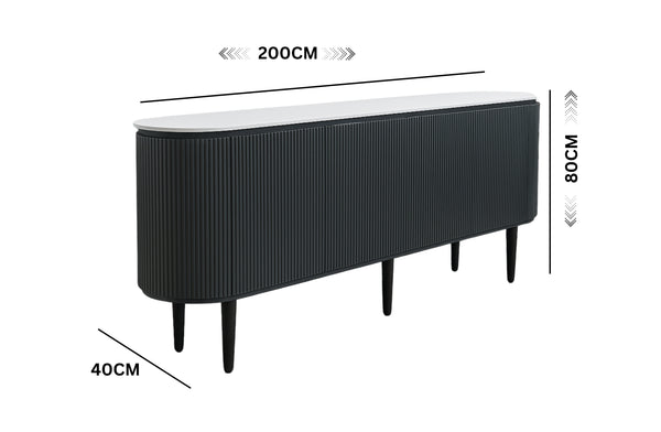 Miles black ripple TV unit with displayed measurements 200cm length, 40cm depth, 80cm height
