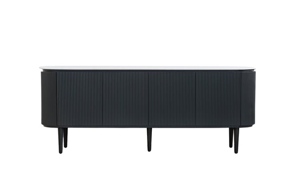Miles black ripple TV unit with modern ribbed doors and sleek rounded design front view