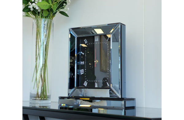 Decorative grey mirrored Roman numeral clock, luxury accent for shelves, mantels, or consoles.