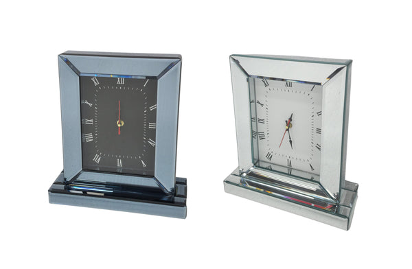 Modern grey and silver mirrored table clock with Roman numerals, sleek design for home or office.
