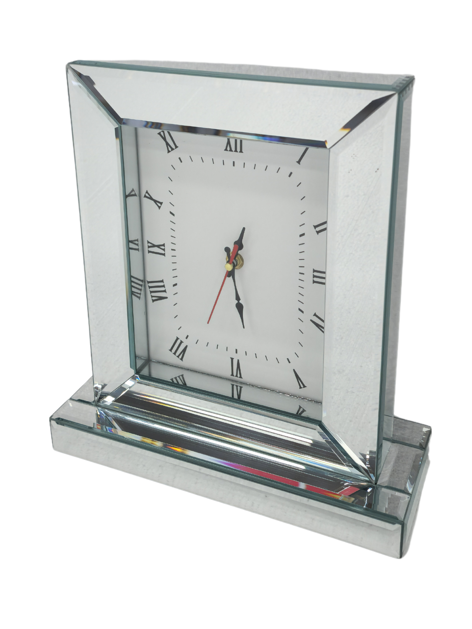 Elegant silver mirrored table clock with Roman numerals, perfect stylish décor accent piece.