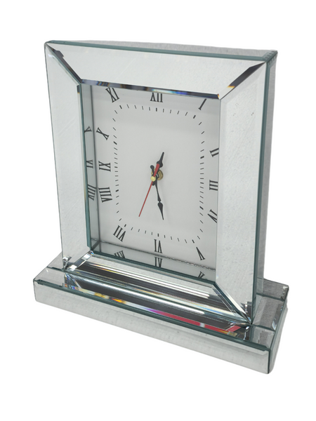 Elegant silver mirrored table clock with Roman numerals, perfect stylish décor accent piece.