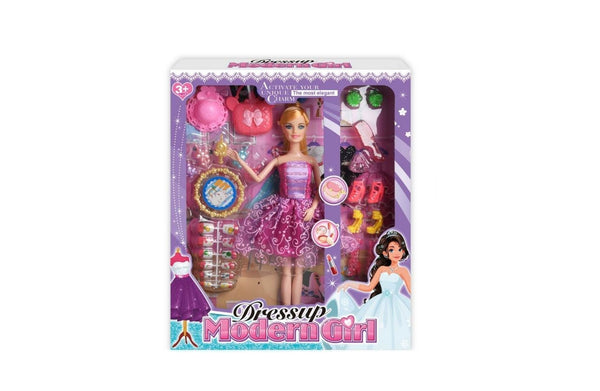 Dress up Modern Girl doll packaging showing accessories, outfit options, and size details.