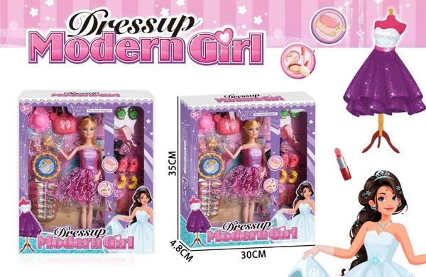 Modern Girl doll set with beauty accessories, dresses, and styling items in box.