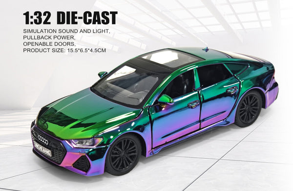 Multicolour Audi RS7 Sportsback diecast toy car with glossy finish, lights, and pull back movement.