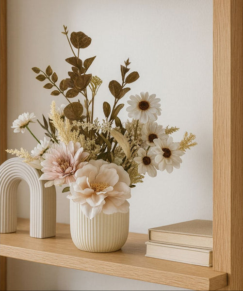 Decorative shelf with artificial flower arrangement, books, and a small arch sculpture.