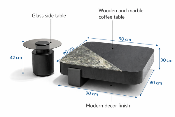 Newman coffee table set dimensions showing large and small table measurements with marble top design.