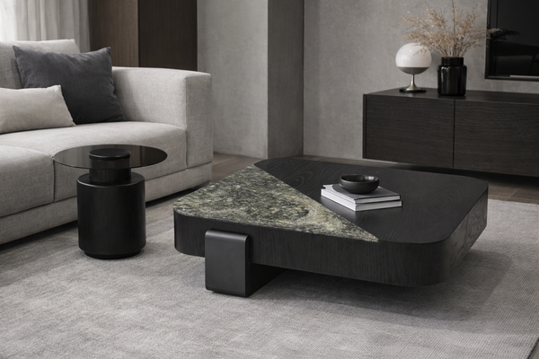 Newman marble coffee table set styled in modern living room with sofa and contemporary decor.