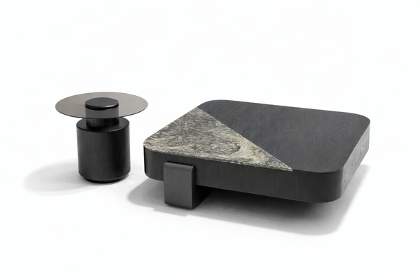 Newman square coffee table set with black frame and dark marble top including matching side table.