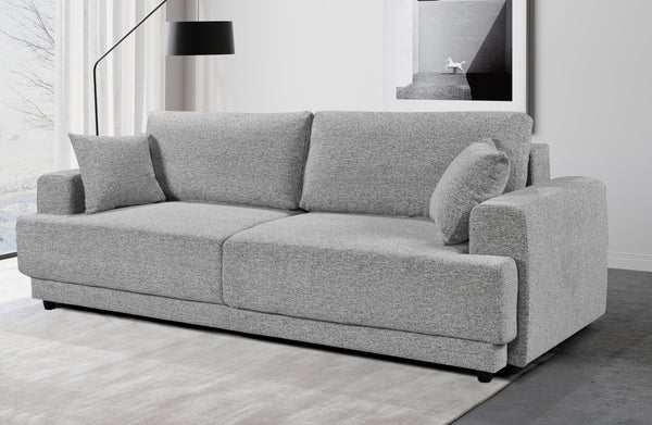 Sophisticated grey Nora sofa with structured arms and soft-touch upholstery – where modern style meets everyday comfort