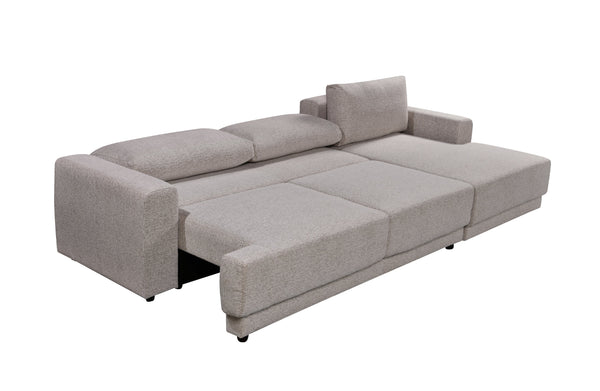 Beige Nora pull-out sofa bed in fully extended position – seamless transformation from stylish sofa to spacious guest bed