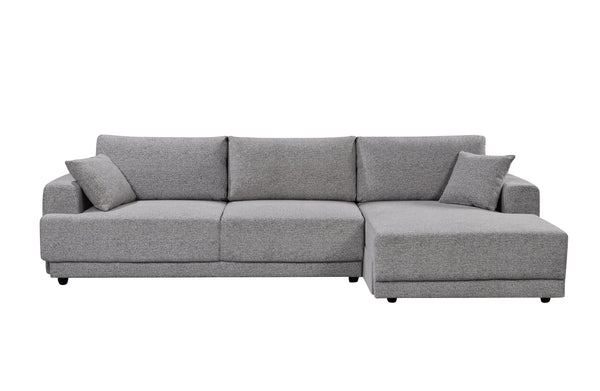 Grey Nora L-shaped sofa with chaise – modern sectional featuring structured arms, plush cushions, and durable upholstery for everyday living