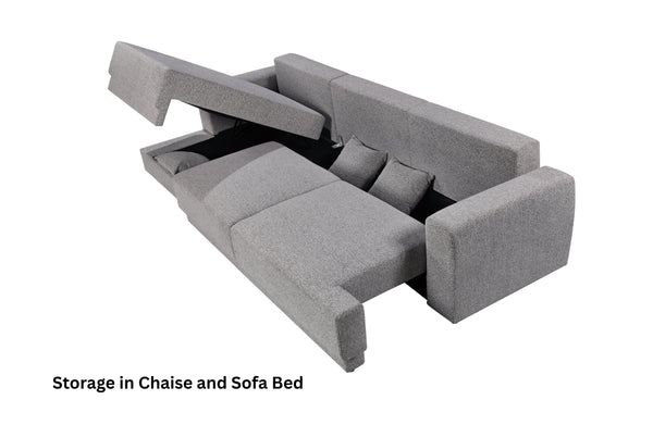 Lift-up storage in Nora chaise lounge and sofa bed – perfect for stashing blankets, pillows, or daily essentials