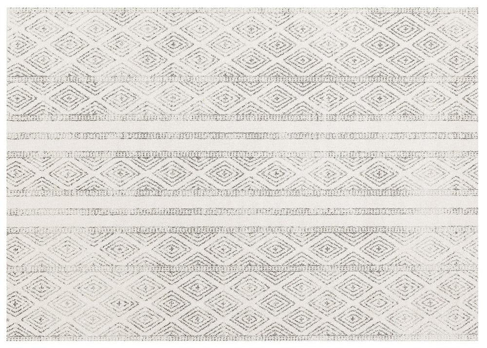 Top view of the Oasis 450 Grey Rug by Furniture and Giftware, showcasing soft grey diamond patterns and horizontal stripes.