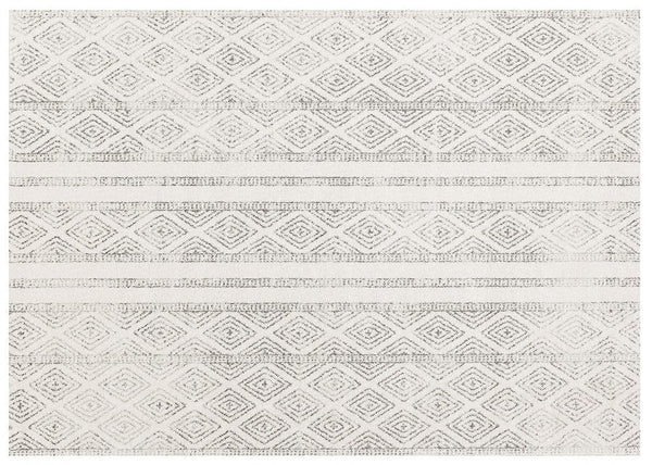 Top view of the Oasis 450 Grey Rug by Elegant Collections, showcasing soft grey diamond patterns and horizontal stripes.