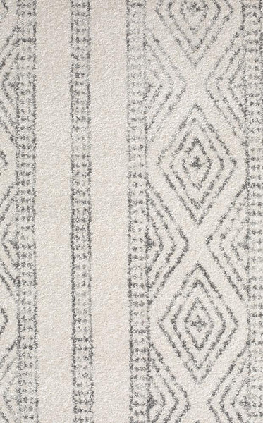 Detailed pattern view of the Oasis 450 Grey Rug showing alternating stripes and diamond shapes in soft grey tones.