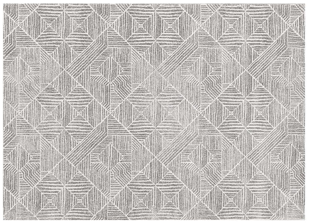 Flat lay of Oasis Silver Rug with diamond linear pattern