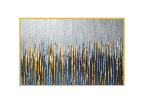  Modern abstract wall art with vertical gold accents over blue and grey tones, framed in gold.