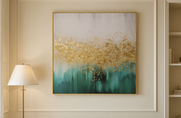 Abstract painting with gold and teal colors on a wall in a room with a lamp and shelves.