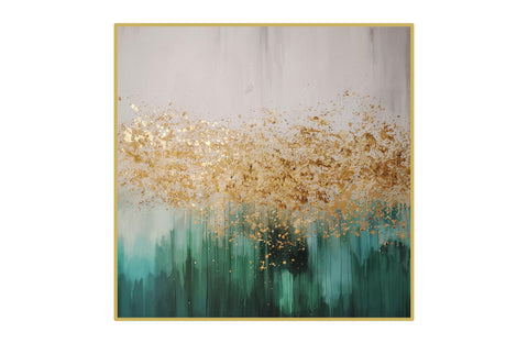 Pacific Green Wall Art – 80x80cm canvas with abstract green and grey tones blended with metallic gold accents, framed in a sleek gold frame