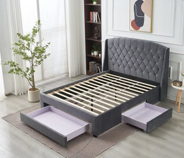 Dark grey velvet bed with storage drawers.
