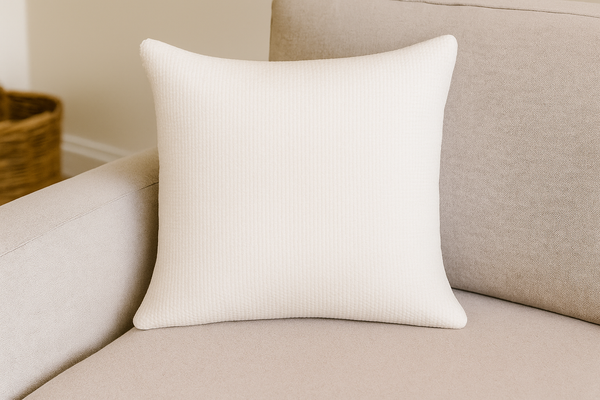 Plush luxury cushion in soft cream boucle fabric styled on a modern neutral sofa.