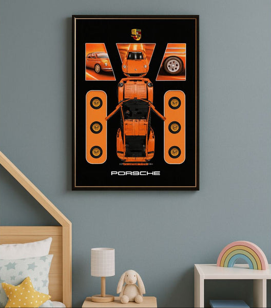 Framed Porsche orange brick-built wall art on a wall in a child's bedroom