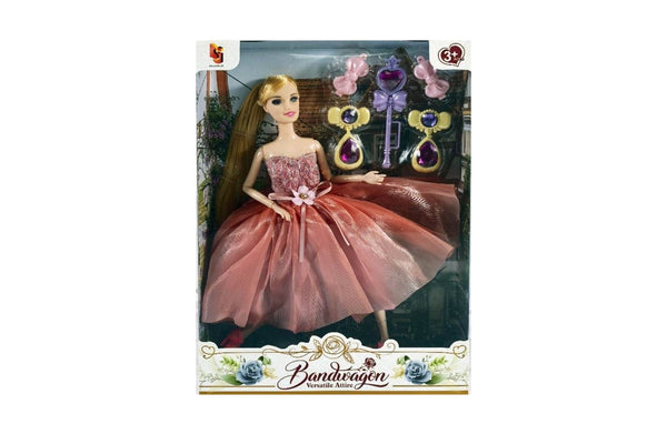 Princess Bandwagon doll in box with accessories and elegant dress displayed.