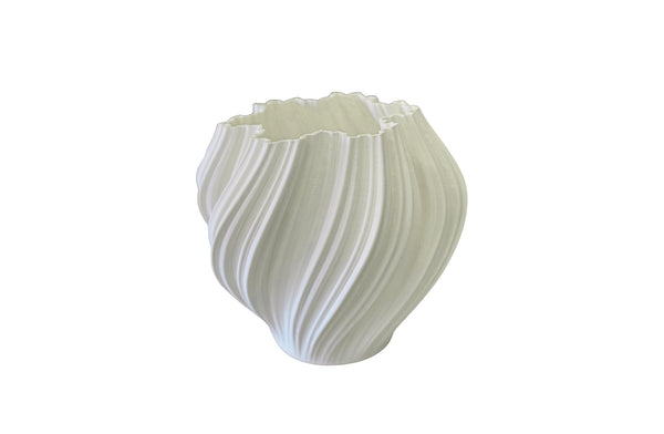 Quinn 3D print vase in white with textured sculptural design and modern curved shape.
