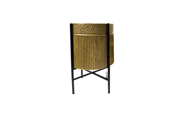 Rex Large Gold Planter – 30x30x45cm with textured gold foil body and black metal stand, perfect for indoor or outdoor décor