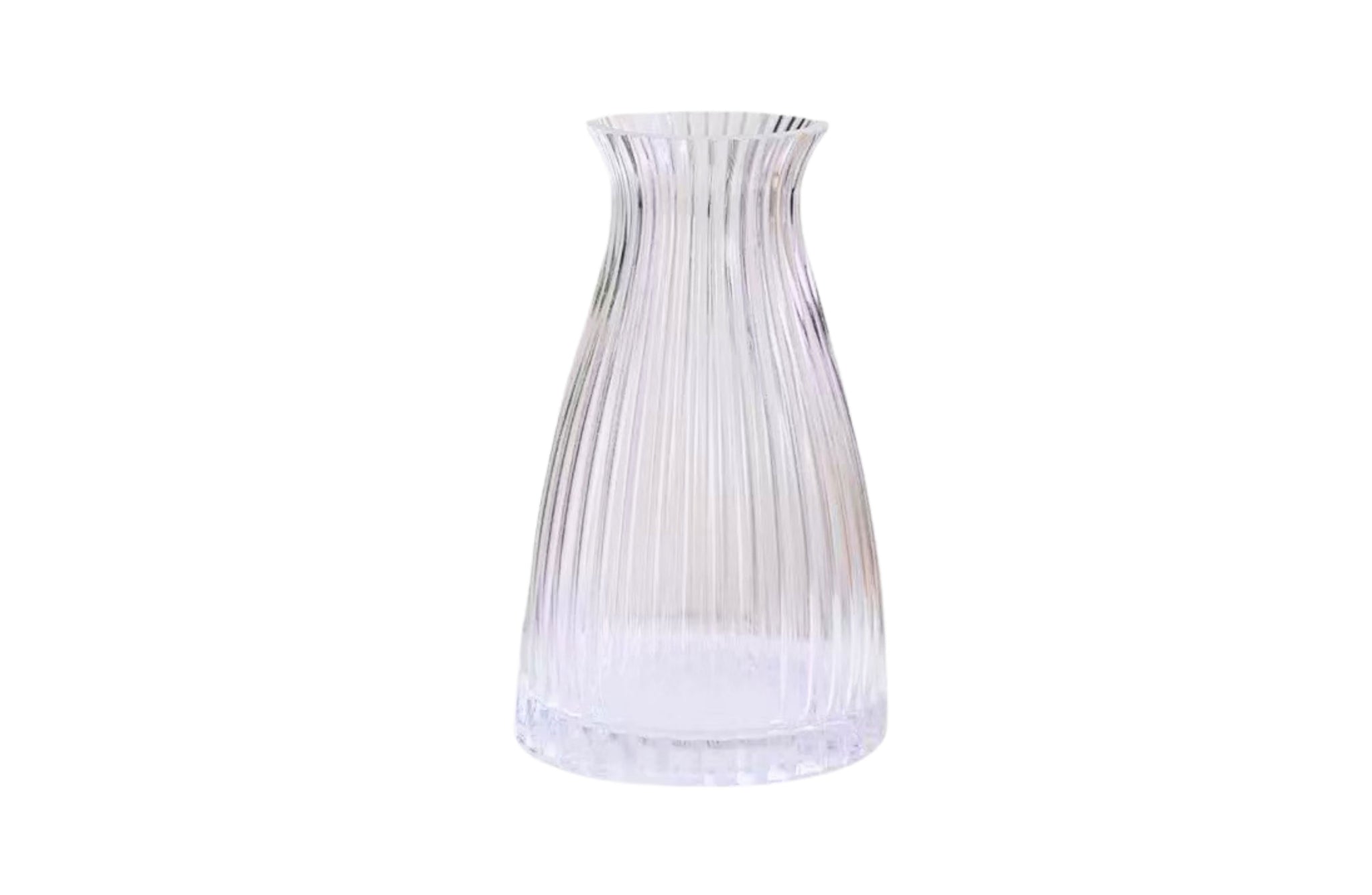 Clear ribbed glass flower vase, 20cm height and 12cm diameter, ideal for fresh or artificial arrangements.