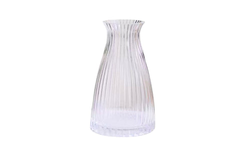 Clear ribbed glass flower vase, 20cm height and 12cm diameter, ideal for fresh or artificial arrangements.