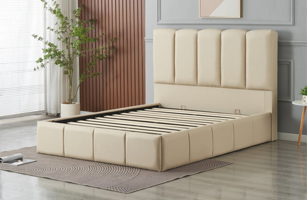 Beige Riley PU leather bed with vertical panel headboard displayed in modern bedroom setting.