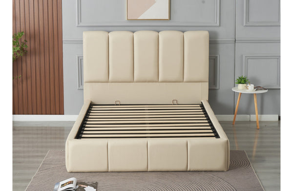 Beige Riley PU leather bed with vertical panel headboard shown in modern bedroom interior.