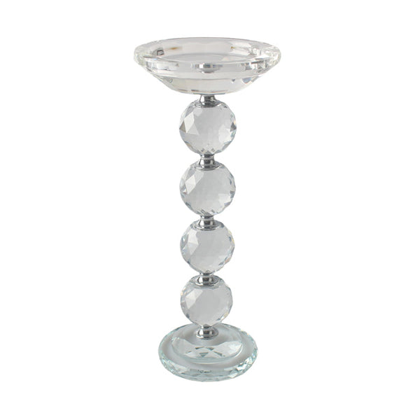 Tall clear crystal pillar candle holder with faceted sphere design, 24cm height.
