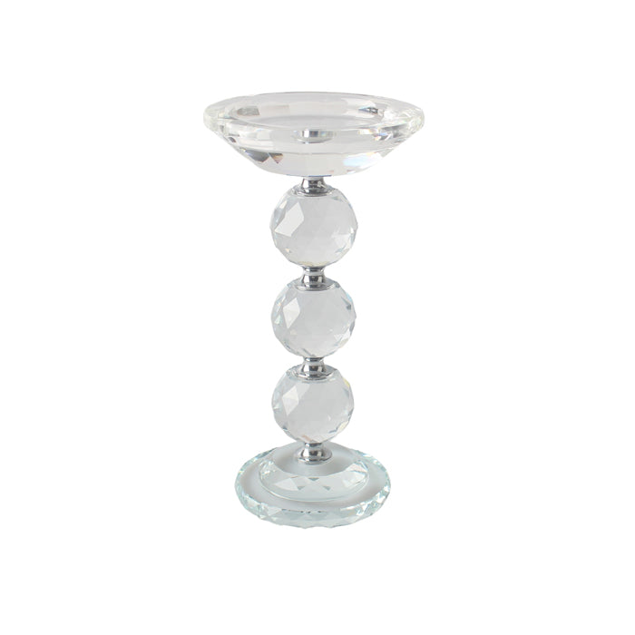 Short clear crystal pillar candle holder with faceted sphere design, 19cm height.